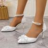 Elegant Pearl Chain Ankle Strap Pumps Women Summer Bowknot Decoration Pointed Toe High Heel Pumps White Wedding Shoes