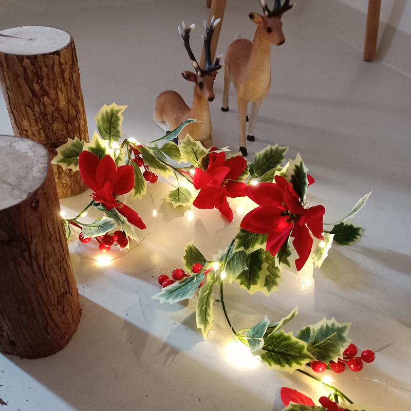 Искусственные гирлянды из пуансеттии, декоративные гирлянды с красными ягодами из ротанга на Рождество
