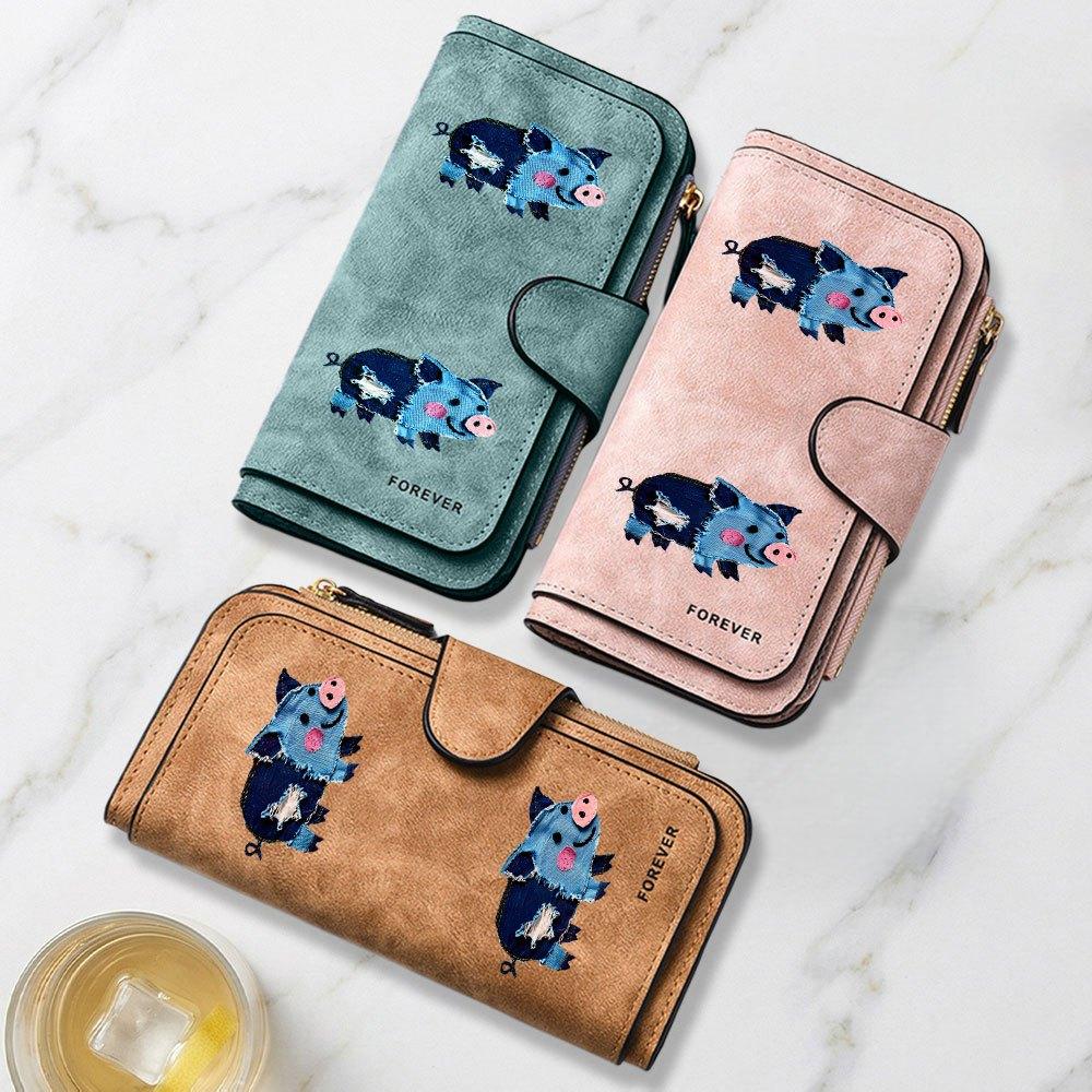 Patchwork denim cute pig doll print long wallet multifunctional portable snap button coin purse unisex perfect birthday gift for daily use travel