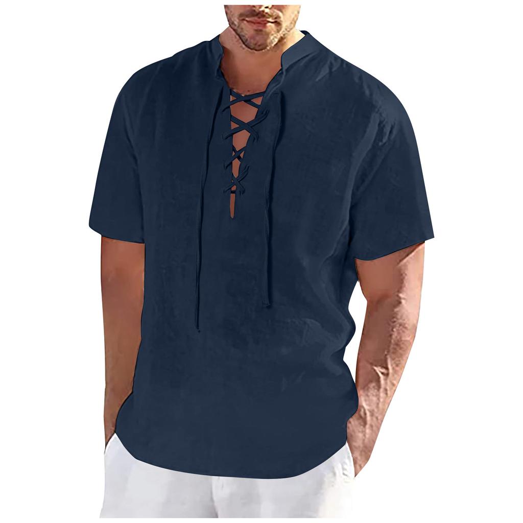 Men's Spring Summer Casual Fashion Drawstring Cotton Linen Solid Colour V-neck Short Sleeve
