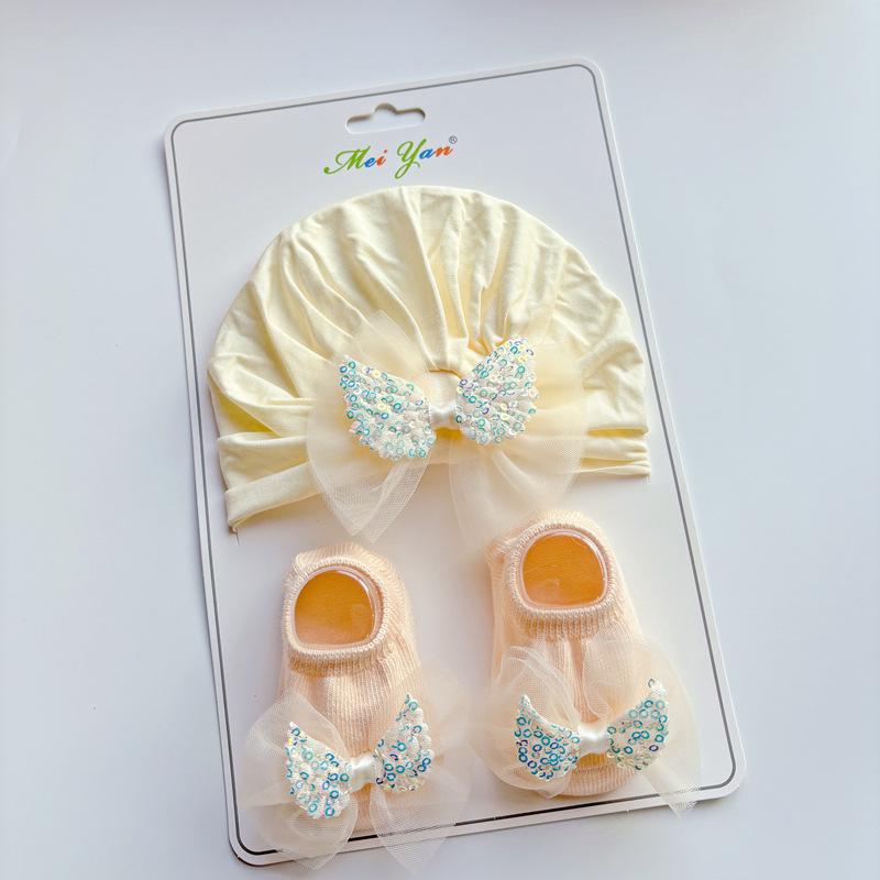 Цветок Детская Шапка-Тюрбан Носки Комплект Кружево Бант Новорожденный Индийская Шляпа Однотонный Хлопок Детские Носки-Следки Детский Головной Убор Аксессуары для Волос