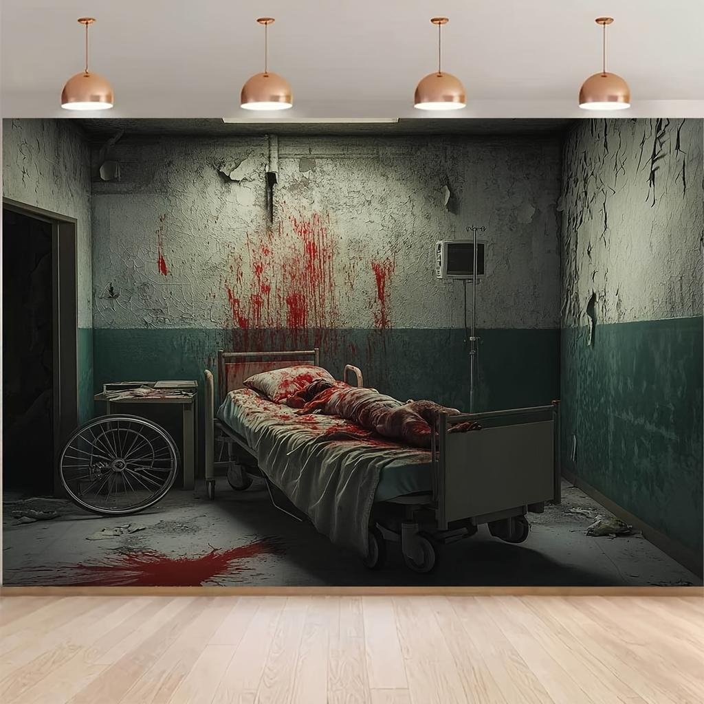 A gloomy Halloween party backdrop - a haunted hospital scene with blood splattering on the floor, an ideal horror-themed event