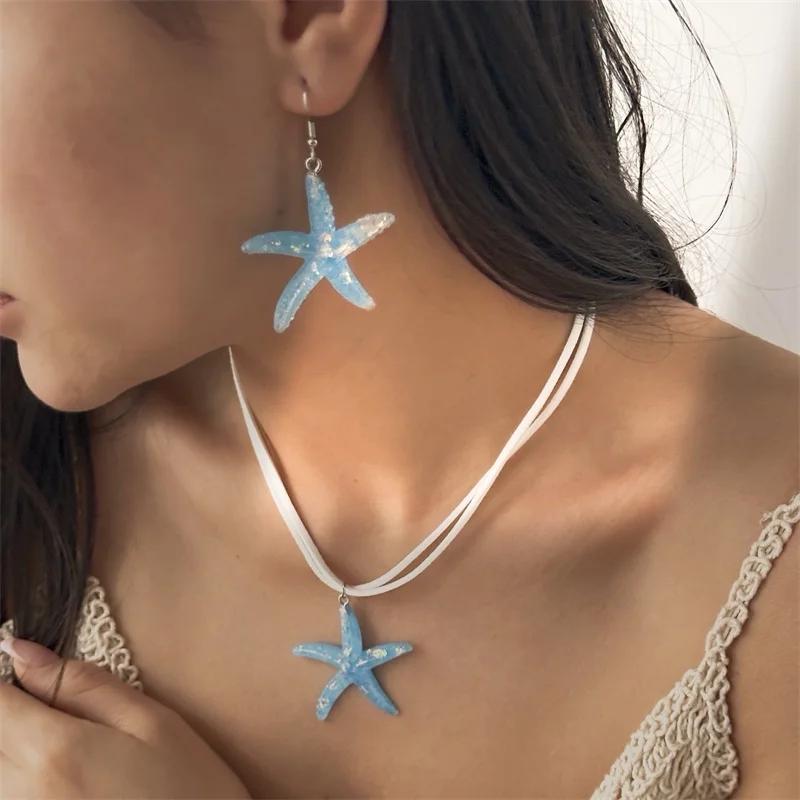 Trendy Boho Summer Starfish Flower Pendant Necklace Earrings for Women Fashion Leather Rope Chain Choker Beach Party Jewelry Set