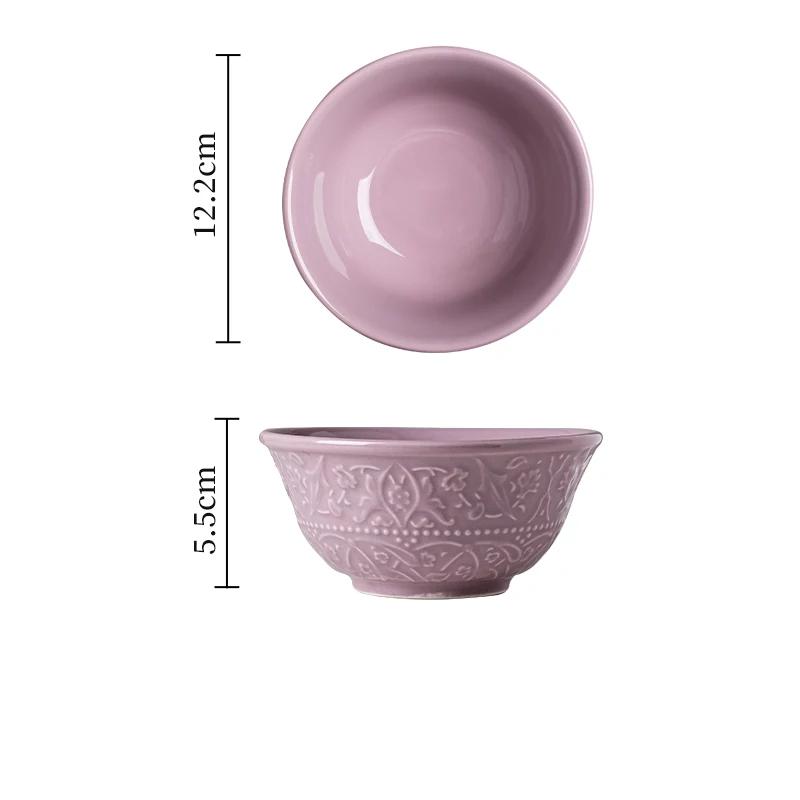 Высококачественные керамические тарелки во французском стиле, модные рельефные фиолетовые обеденные тарелки, бытовые суповые миски, миска для лапши рамен, посуда, столовые приборы