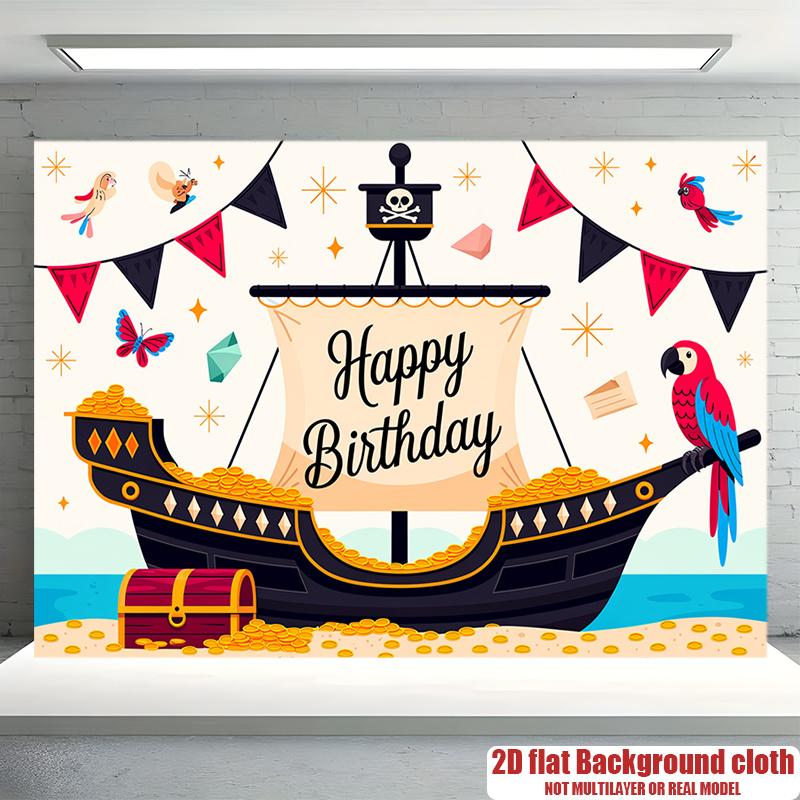 Happy Birthday Pirate Ship Theme, 1pc Polyester Party Backdrop Banner, Photo Booth Background, Wall Decor