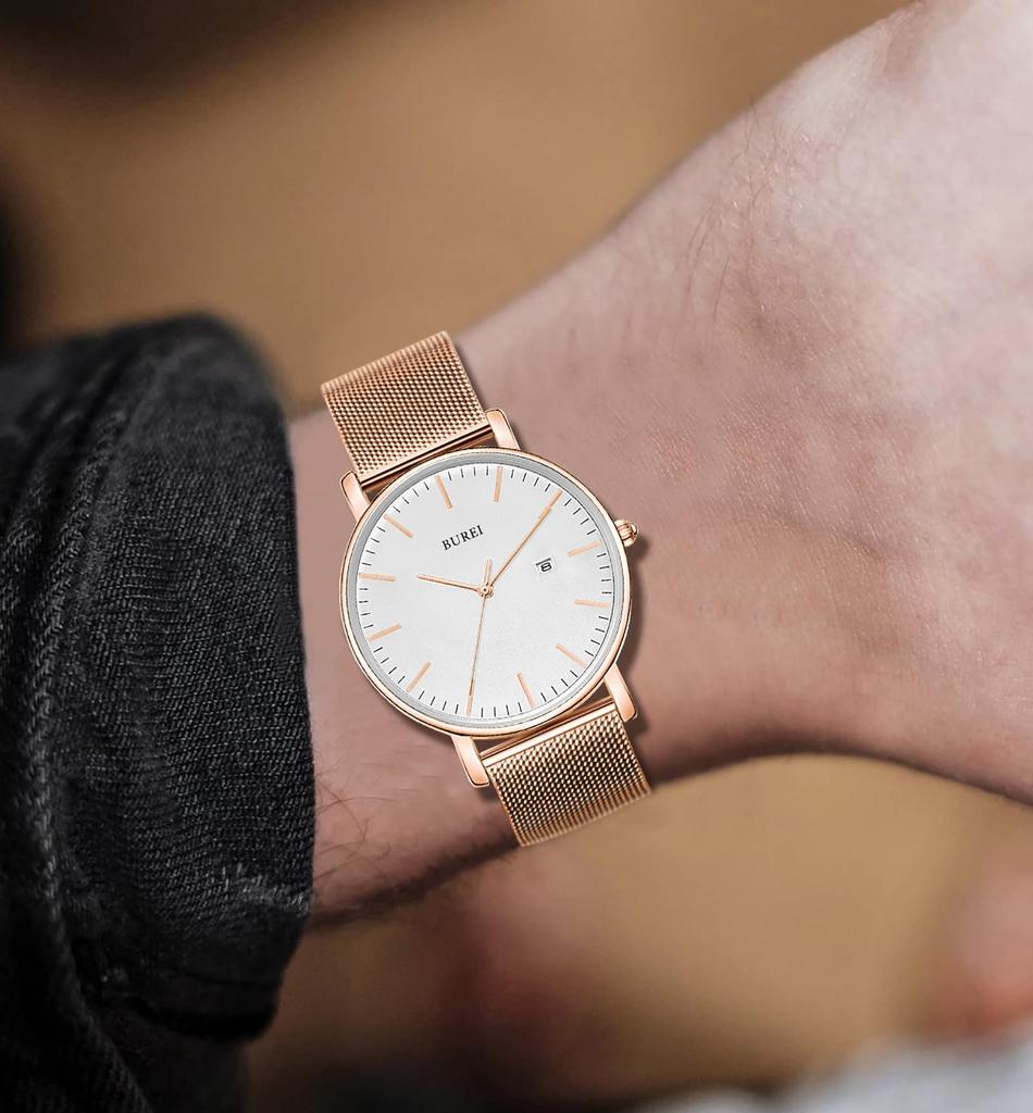 Часы простые водонепроницаемые аналоговые популярные часы бренда стильные миланские сетчатые часы с ремешком из розового золота и белого цвета [BUREI] мужские мужские