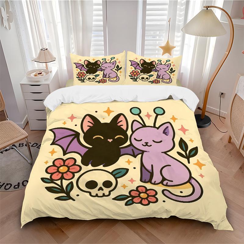 3pcs Bat and Cat Cute Cartoon Design Bedding Set - 1 Soft Quilt Cover + 2 Pillowcases, Machine Washable - Suitable for All Seasons, Perfect Gift