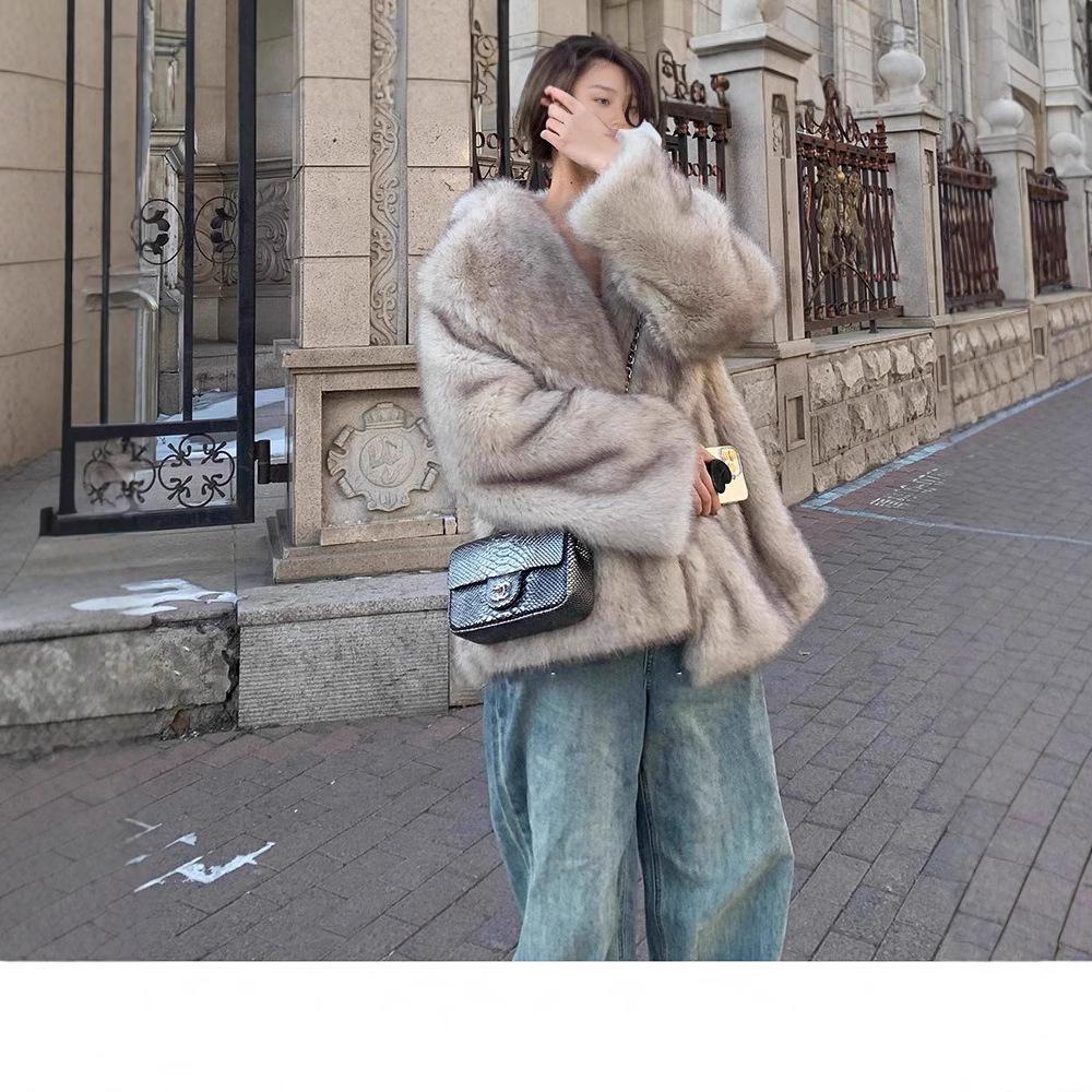 2024 зима новый шуба из искусственного меха лисы toka женское среднее и длинное плюшевое пальто с большим лацканом