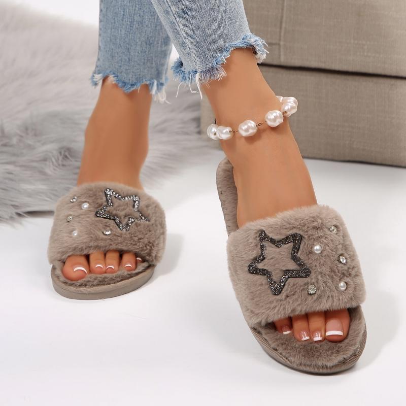 Модные панк-хлопковые шлепанцы с блестящей звездой для женщин 2025 Зимние теплые короткие плюшевые тапочки на плоской подошве Комфортные мягкие домашние тапочки