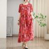 Summer Retro Printed Round Neck Short Sleeved Dress for Women