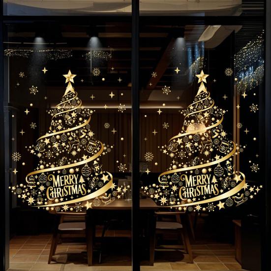 2/4Pcs Golden Christmas Tree Window Cling Removable Waterproof Merry Xmas Tree Static Glass Sticker Holiday Party Decoration Decal