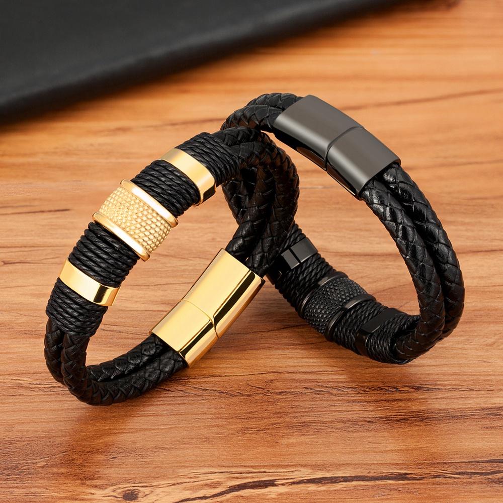 Woven Leather Rope Wrapping Special Style Classic Stainless Steel Men's Leather Bracelet Double-layer Design