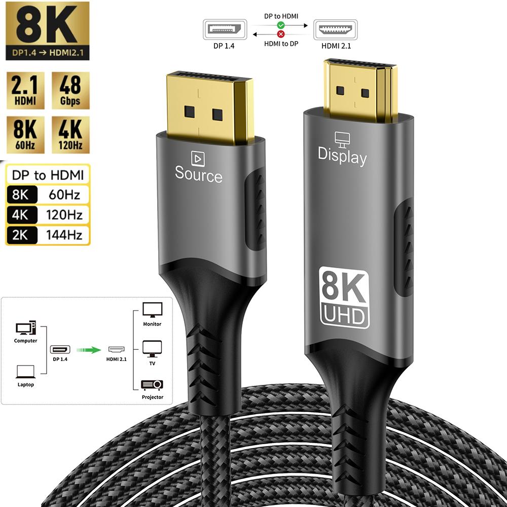 Совместимый кабель DisplayPort - HDMI, преобразователь DP1.4 в HDMI 2.1 8K при 60 Гц 4K при 120 Гц HDR для настольного компьютера, ноутбука, ПК, телевизора, монитора, проектора