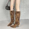 Fashion Sexy Pointed Toe Leopard Print Suede Knee High Boot for Womens Modern Shoes Retro Side Zipper Slim Heeled Knight Boot Botas