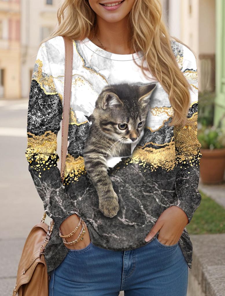 Women's T Shirts 3D Print Art Design Cat Pattern Long Sleeve Daily Weekend Fashion Funny Round Neck Regular Fit Spring & Fall