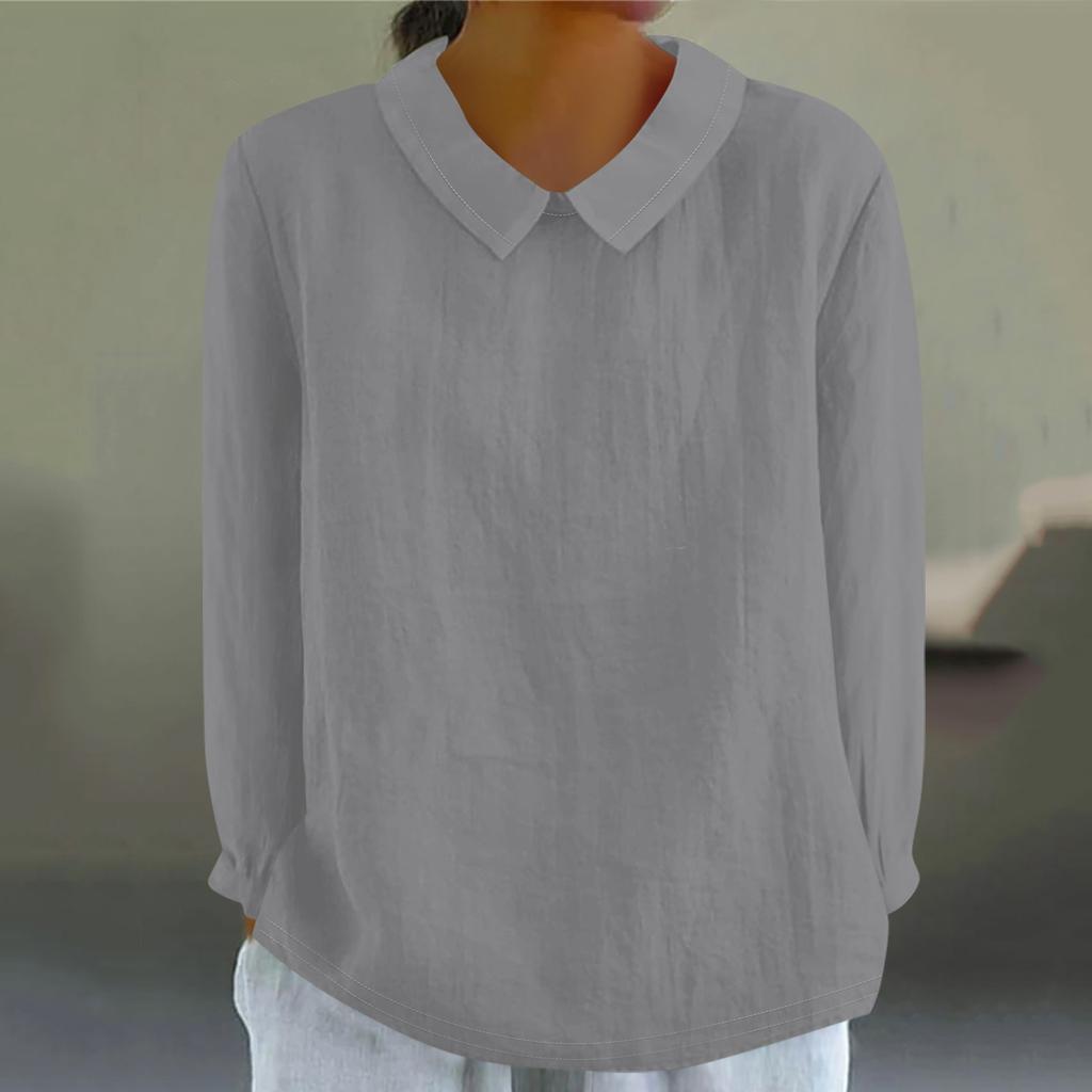 Women's Fashion Doll Collar Long Sleeve Loose Solid Color Shirt Casual Button Top