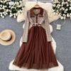 New Autumn Small Fragrant Turn Down Collar Plaid Splice Mesh Shirt Dresses Women Petal Buttons Belt Evening Party Dress