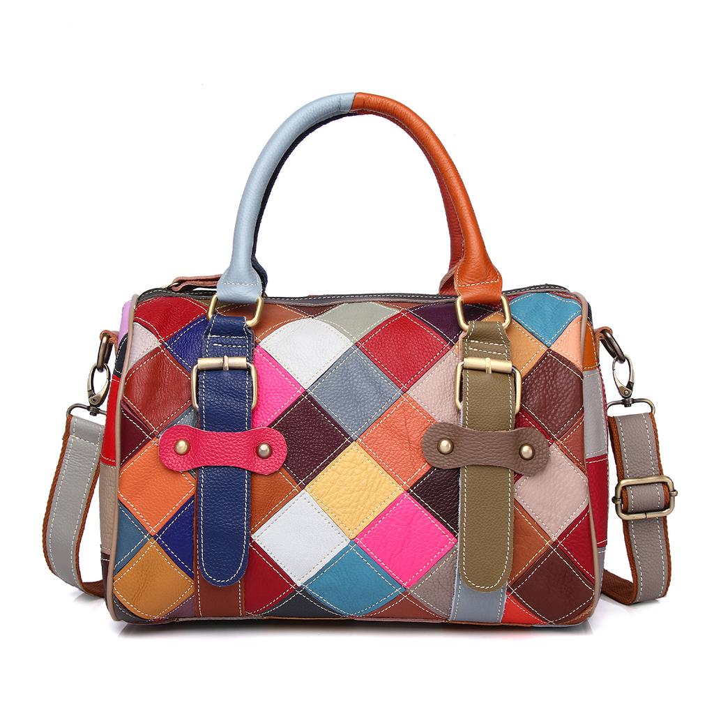 Patchwork Genuine Leather Bag for Women One Shoulder Checkered Pillow Bag Color Contrast Fashion Ladies
