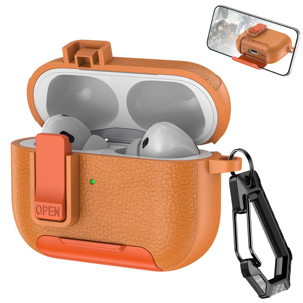 For Apple AirPods Pro Protective Case with Stand Litchi Texture Leather TPU + PC Earphone Cover with Lock Buckle and Carabiner