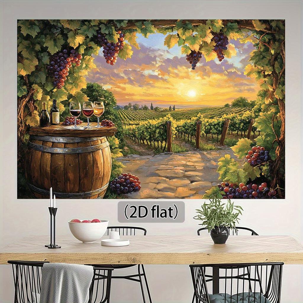 One 2D flat background of a vineyard at sunset, with wine barrels, the glow of the setting sun and grapevines - polyester