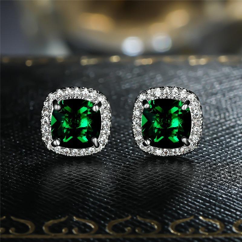 Classic Silver Color Blue White Green Opal Square Stone Earrings Multicolor Crystal Small Wedding Jewelry for Women