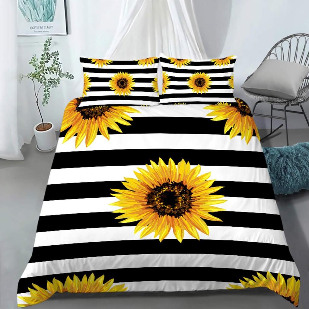 Sunflower Bedding Set Black And White Striped Flower Duvet Cover Set Yellow Flower Bed Cover Set Printed Stripe Comforter Cover