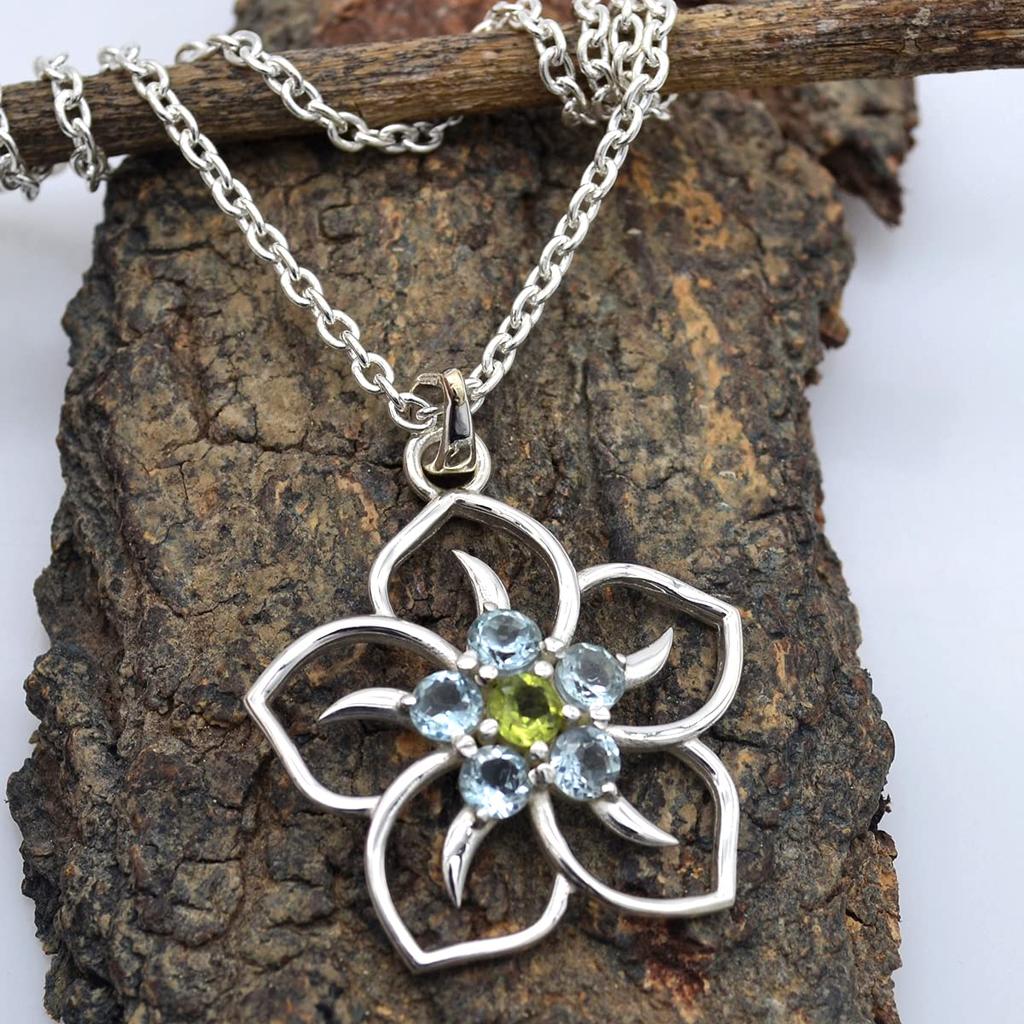 Round Cut Blue Topaz & Peridot (1.2 Cts) Flower Design 925 Sterling Silver Gemstone Pendant with Chain Jewelry For Women or Girls