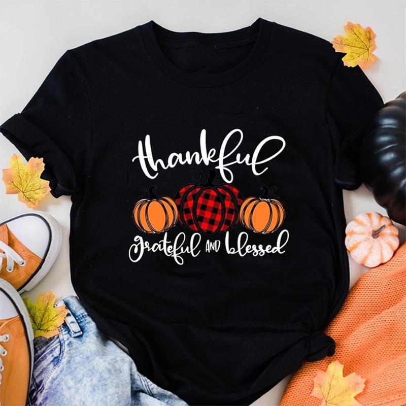Thanksful Grateful Blessed Unisex Tshirt Funny Vintage Unisex Tshirt Pumpkin Plaid Harajuku Tumblr T Shirt Tee Tops