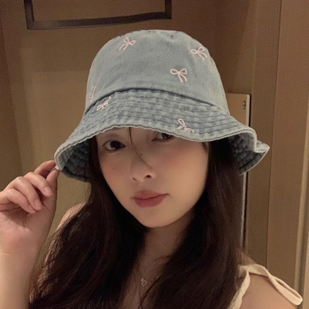 Шляпа-ведро Y2K из денима с большими полями, солнцезащитный козырек, закрывающий раковину, шляпа ковбоя-рыбака с бантом для женщин