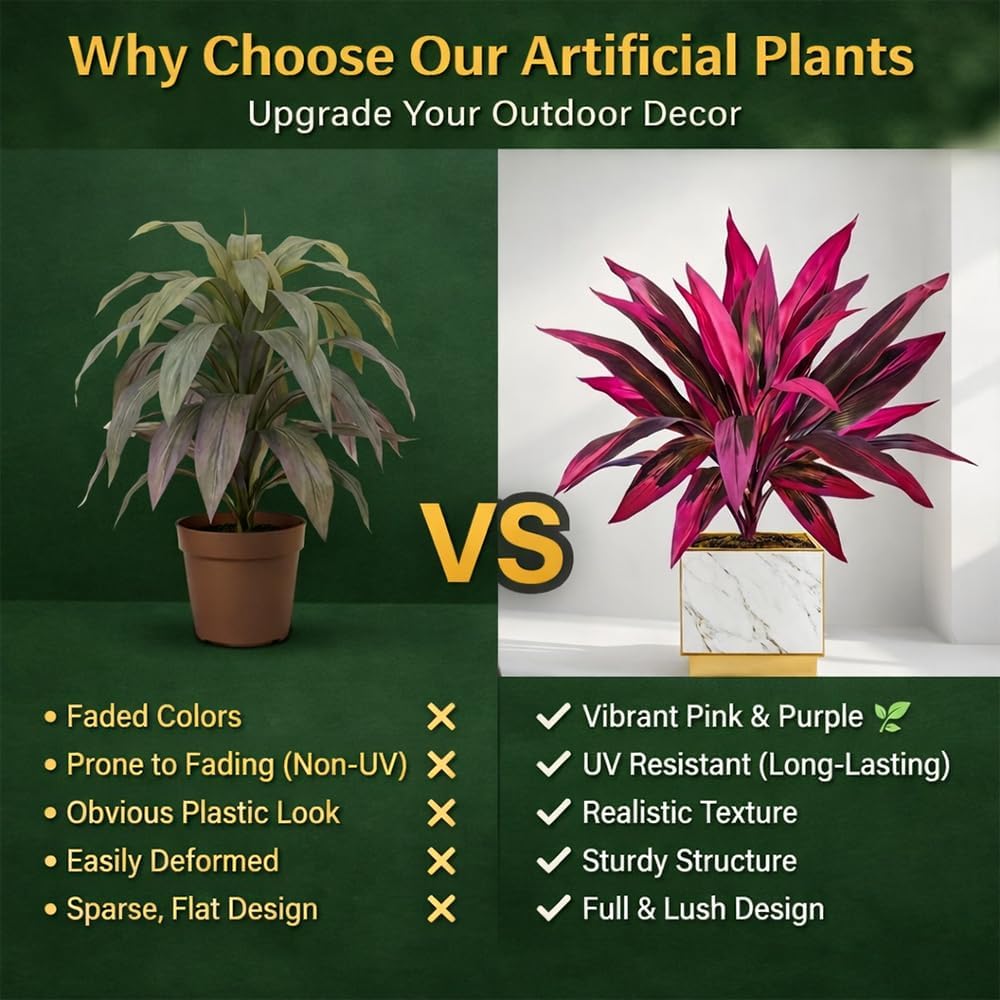 Large Realistic Artificial Boston Fern & Dragon's Blood Tree Artificial Turf UV Resistant Red Cordyline Ti Plants Red/Pink Vibrant Purple Leaves