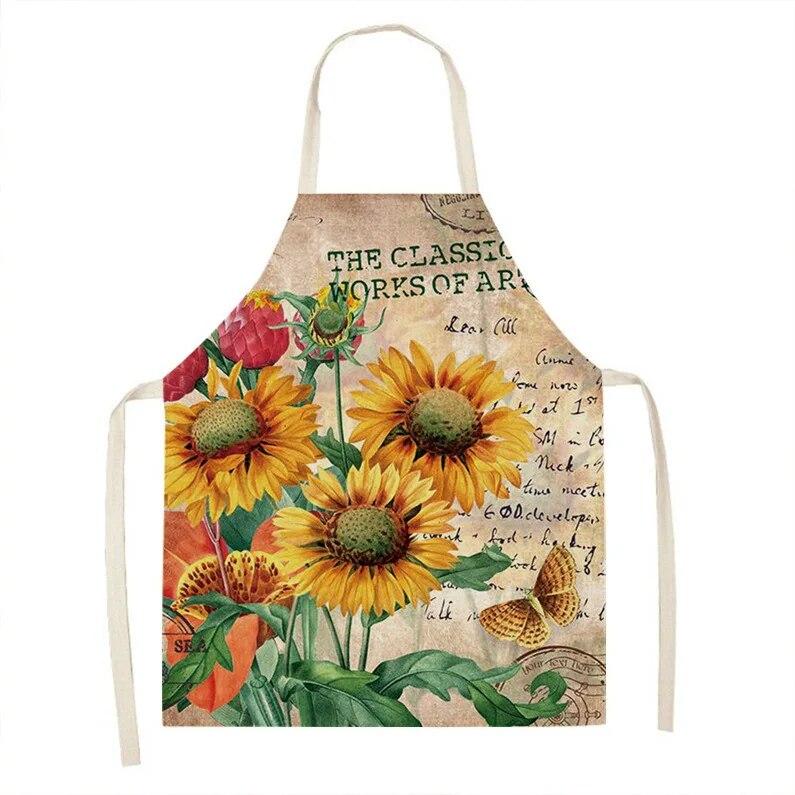 1pc Sunflower Floral Pattern Linen Apron Dinner Bib Kitchen Cooking Baking Apron Anti-Stain Cleaning Tool Unisex