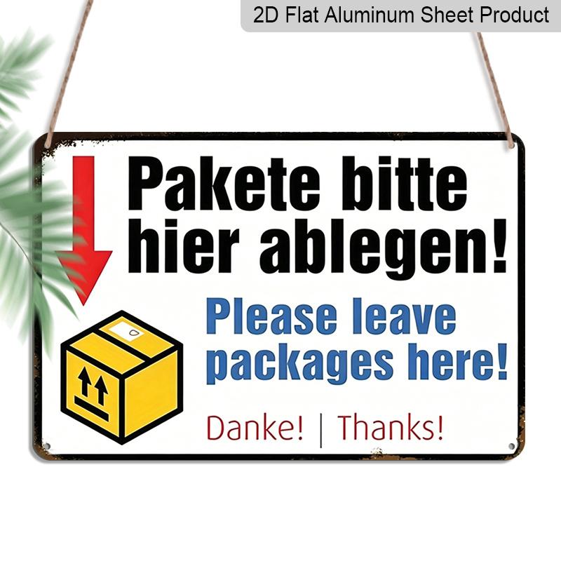2D Flat, Single Vintage Package Drop Off Sign - Sturdy Aluminum Metal Leave Packages Here - Featuring German-Inspired Text - Suitable for Home