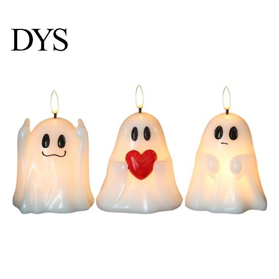 Halloween Ghost Decoration Flameless Candle, Cute Holding BOO Letter Tealight, Small Desk Glow Props Battery Operated LED Flickering Light for
