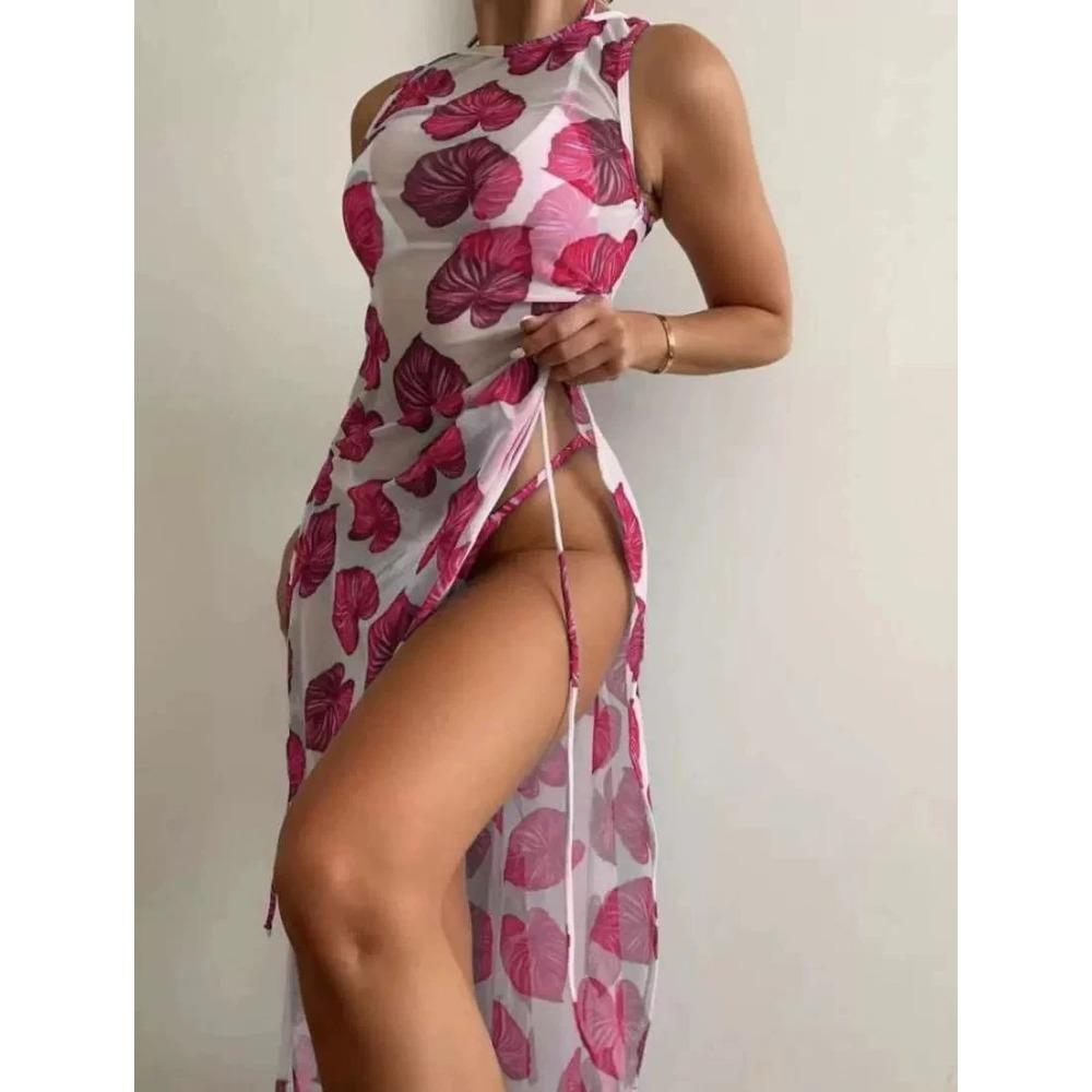 Сексуальный разделенный трехсекционный зеленый купальник бикини с цветочным принтом