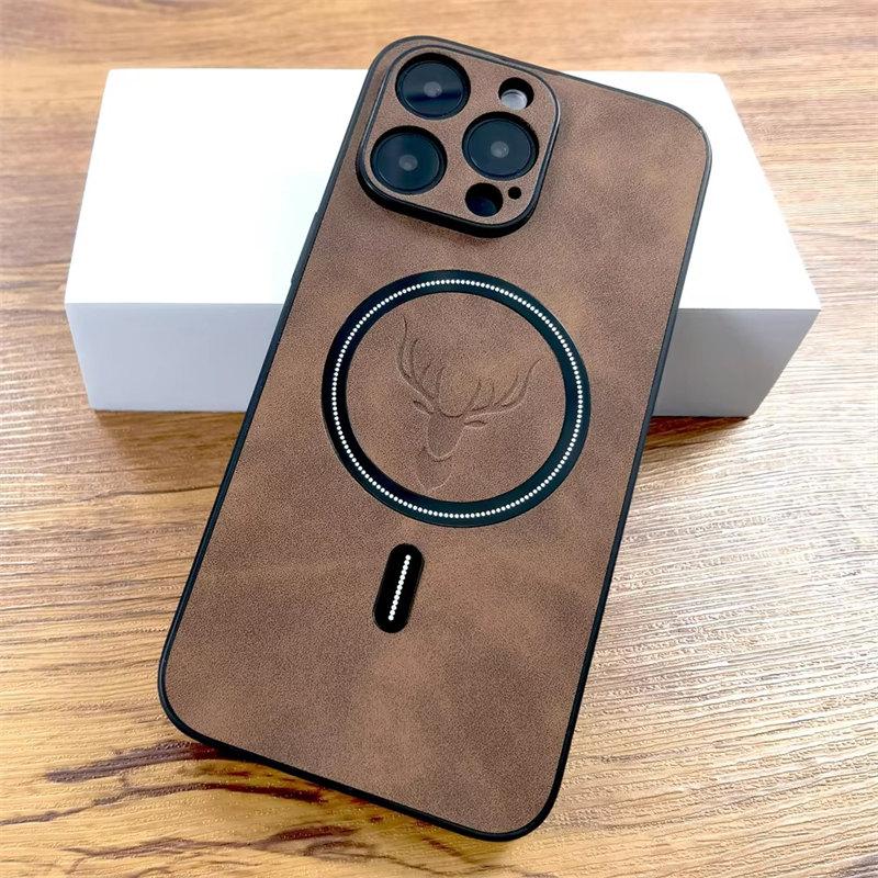 Luxury PU Leather Deer Case For iPhone 15 14 13 12 11 Pro Max 15Pro 14Pro 13Pro ProMax For Magsafe Wireless Charge Full Cover On