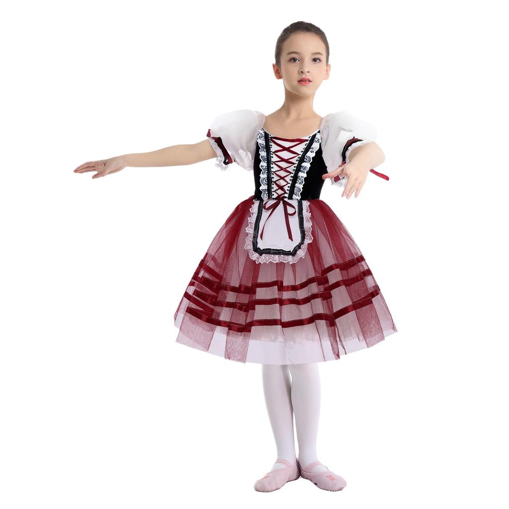 Girls Puff Sleeve Layered Tutu Dress Lace Trim Velvet Bodice Lace Up Back Ballet Costume