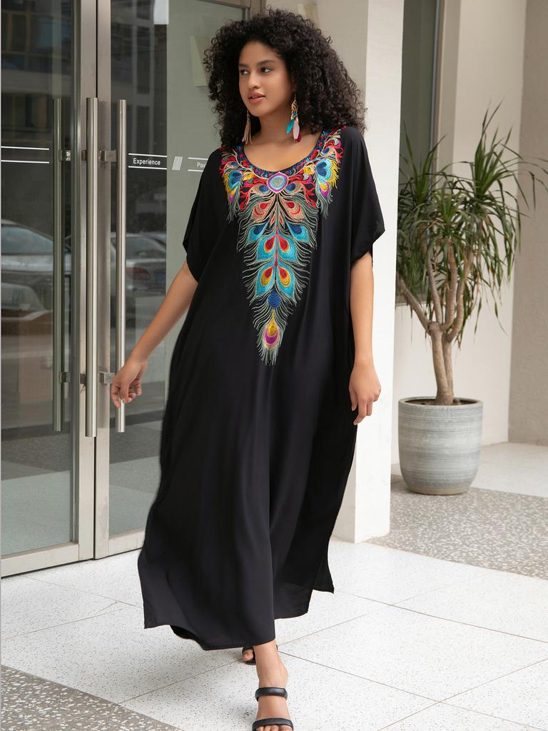 Женские макси-платья с вышивкой в виде павлиньих перьев, накидки для купальников, летние кафтаны, купальные костюмы, распродажа