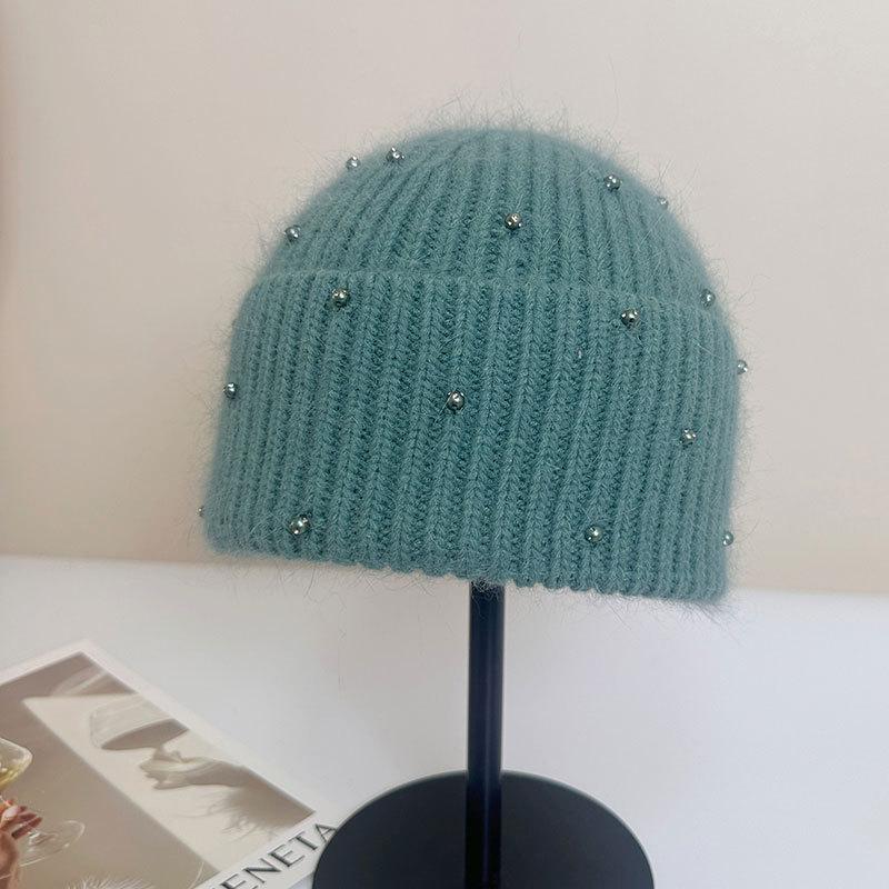 New diamond-encrusted rabbit fur knitted hat, winter outdoor warm fashion face small light luxury ear protector wool hat