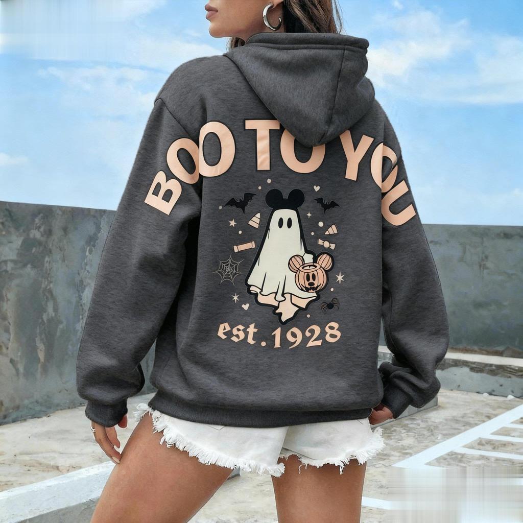 Хэллоуин Микки Бу Для Тебя Винтажный Мультяшный Принт Толстовка Женская Мужская Повседневный Пуловер Худи Осень Уличная Одежда Дисней Унисекс
