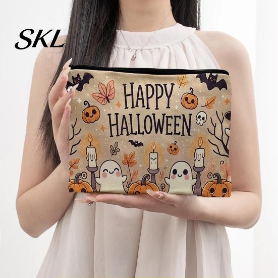 Spill Proof Stationery Holder Storage Bag, with Halloween Pumpkin Ghost Print, Smooth Themed Travel Bag Zipper Canvas Makeup for Cosmetic Organizer