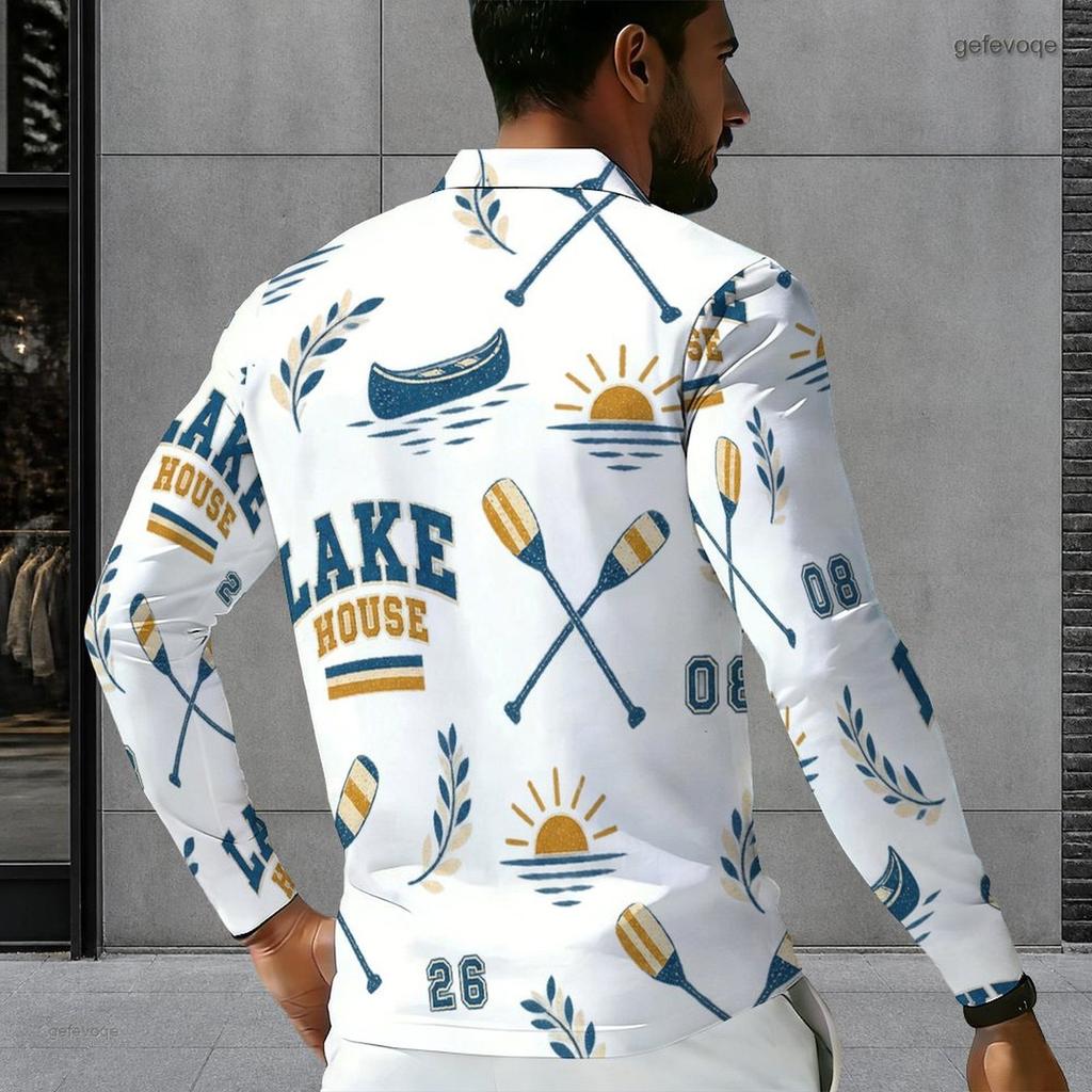 Men s Plus Size Long Sleeve Quarter Zip Collared Polo Shirt Sailing Printed White