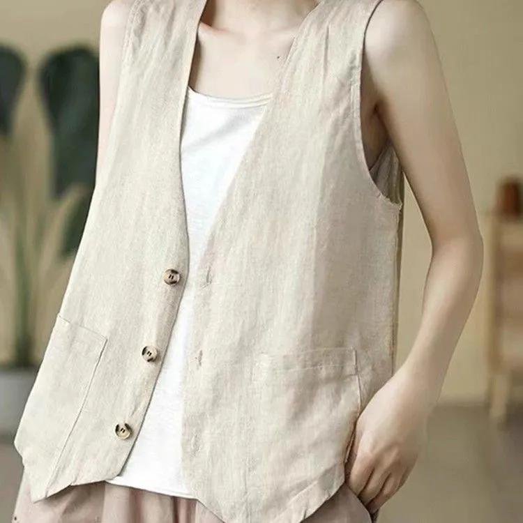 Women's Linen Vest Summer Casual Sleeveless Cardigans Jacket Loose Thin Casual Button Vest Top Female Streetwear Vest Coat
