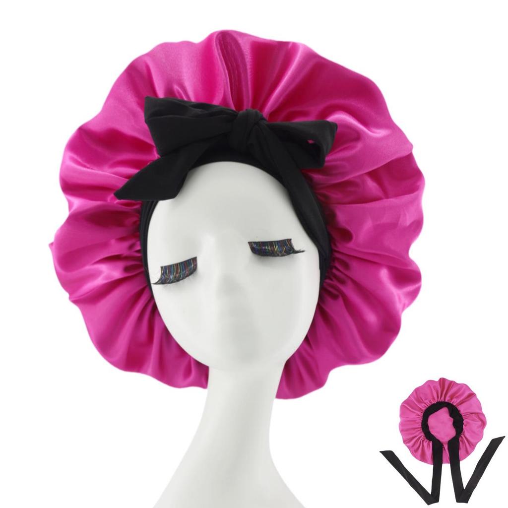 Silk Satin Sleep Cap with Ribbon Bow for Women - Elastic Wide Brim Bath Headscarf Hat for Hair Care