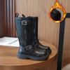 Korean Style Children Leather Boots Warm 2024 Autumn Girls Riding Boots Drop Shipping Black Kids Black Princess Catwalk Boots