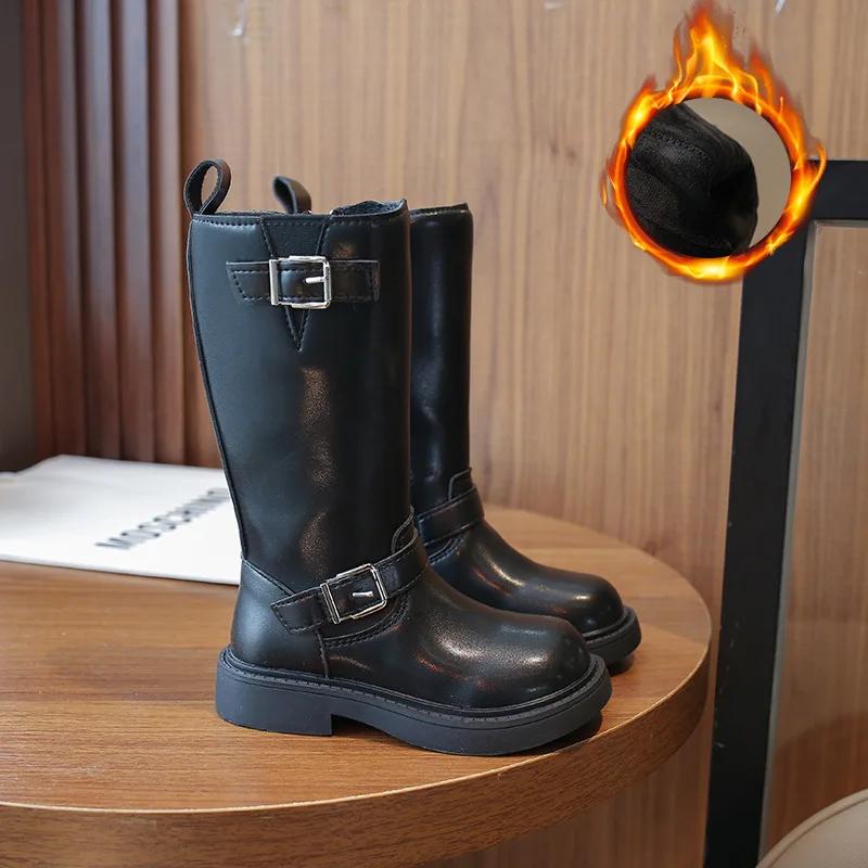 Korean Style Children Leather Boots Warm 2024 Autumn Girls Riding Boots Drop Shipping Black Kids Black Princess Catwalk Boots