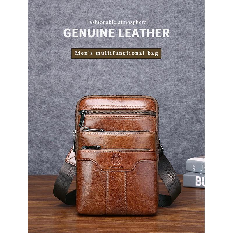 The First Layer of Cowhide Men's Multifunctional Messenger Shoulder Bag Leather European and American Men's Large-capacity Casual Shoulder Bag