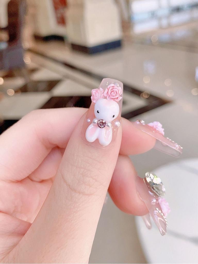 Handmade Cute Cartoon Bunny Pink Camellia Nail Art Creative Pet For Women Xs S M L Cream Hug Bunny Medium Wearable Style