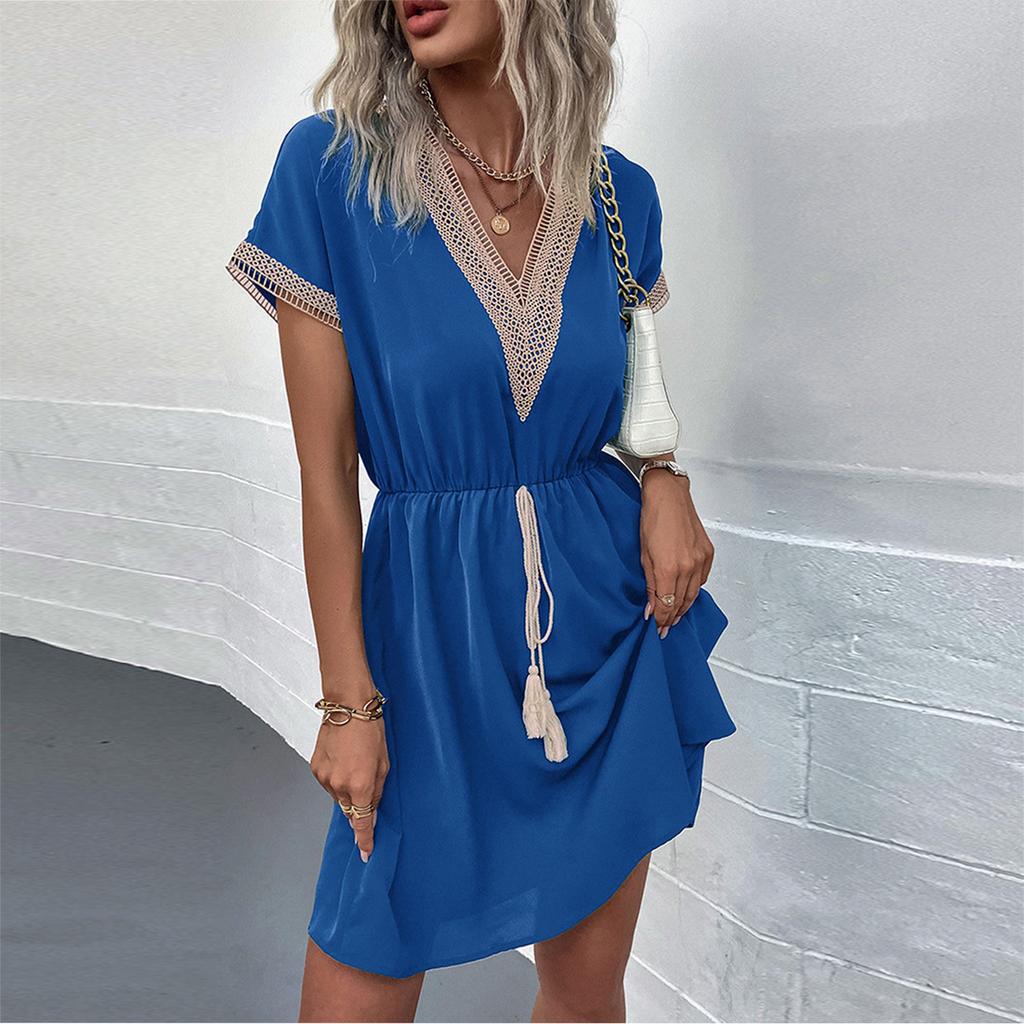 Women's Casual Summer Dresses Trimmed Short Sleeve V-Neck Tie Front Flowy Dress