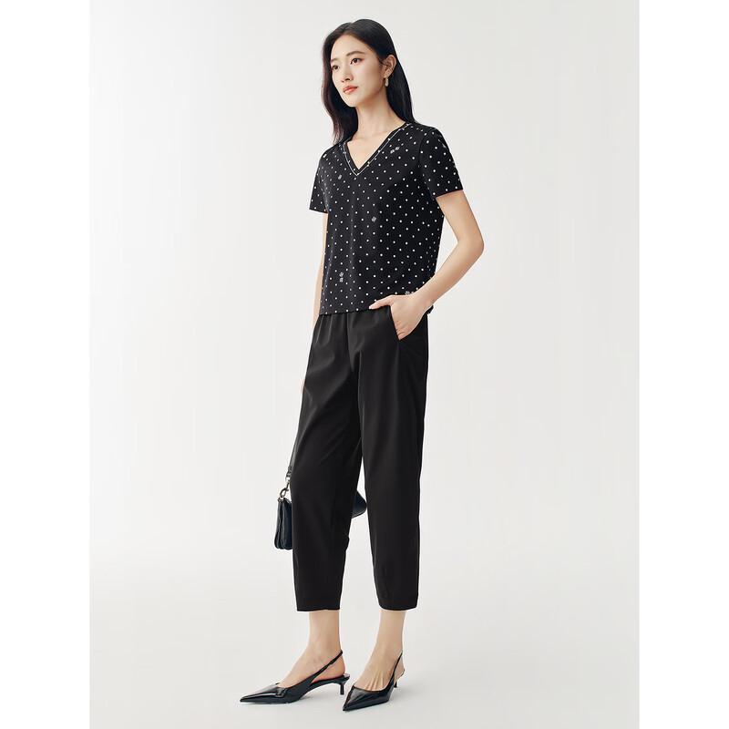 JUZUI Women's Polka Dot Slim Fit Short Sleeve V-Neck T-Shirt JWGX83312