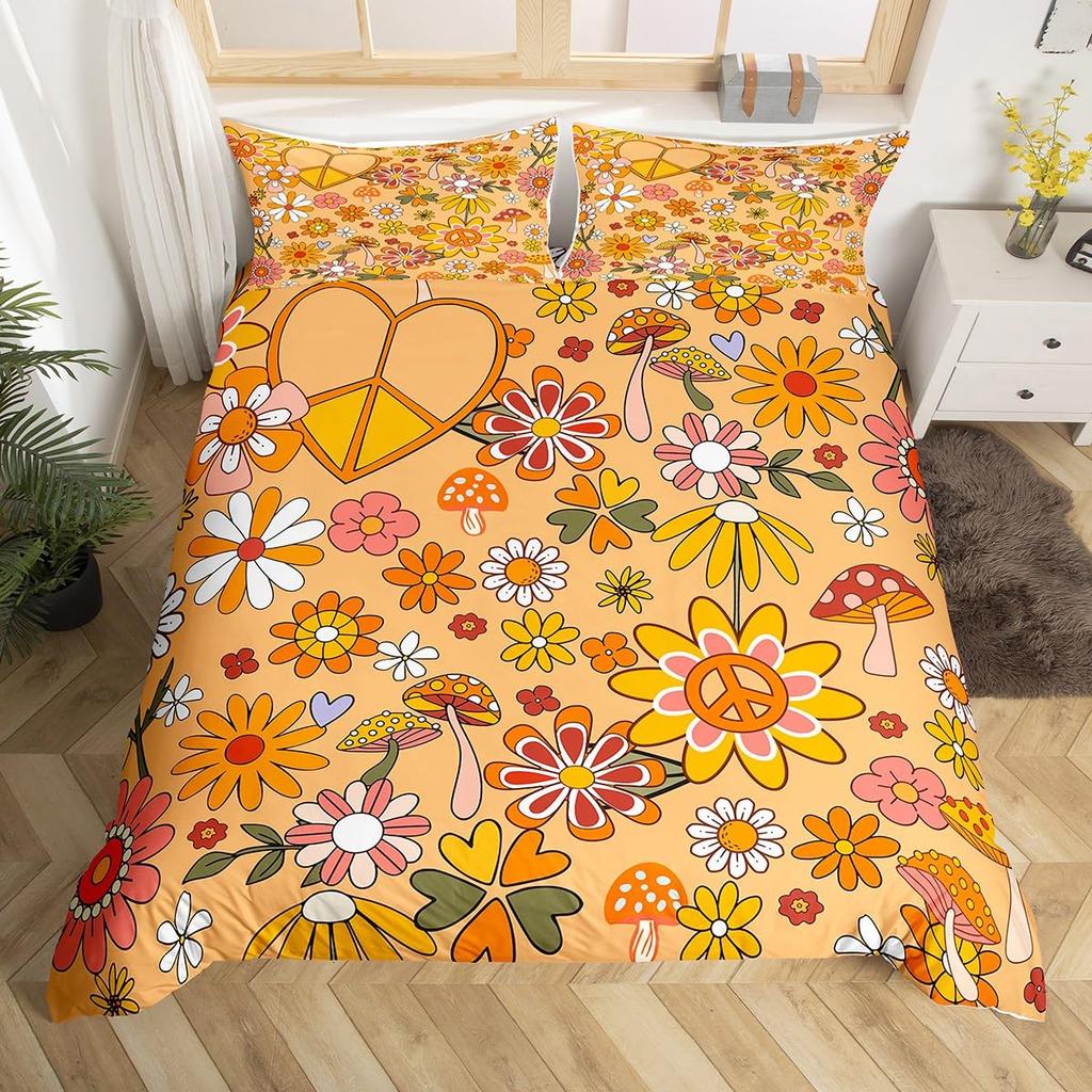 Retro 60S 70S Groovy Flower Duvet Cover,Colorful Hippie Floral Bedding Set Queen,Cartoon Rainbow Mushroom Daisy Comforter Cover